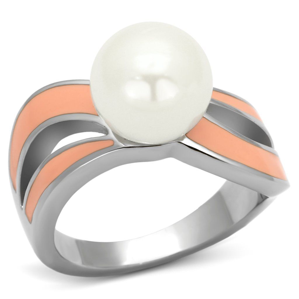 JCE810-5 High polished (no plating) Stainless Steel Ring with Synthetic Pearl in White-5